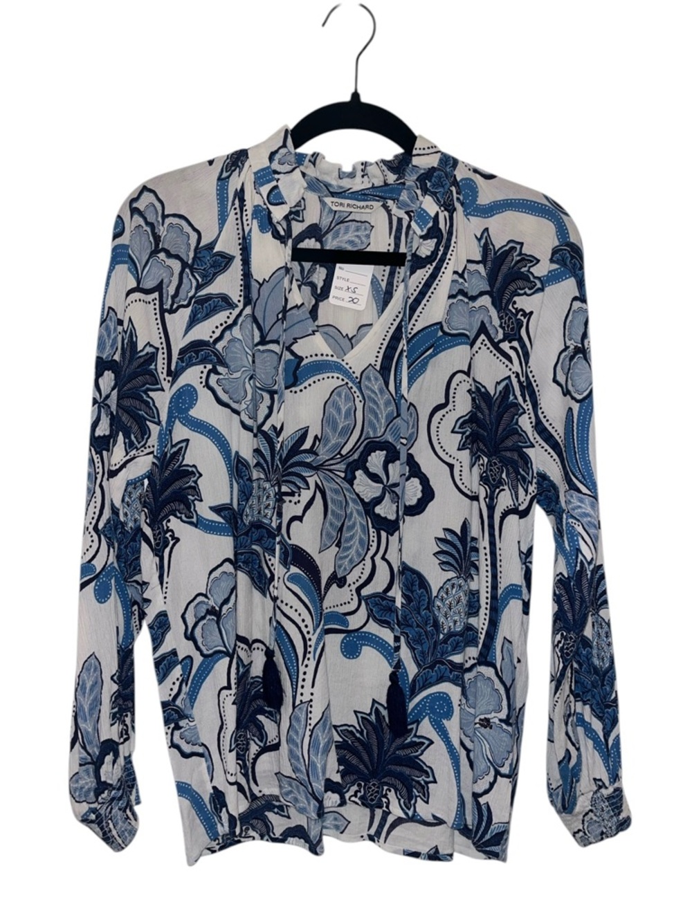 Tori Richard White and Blue Floral Button-Down Blouse
